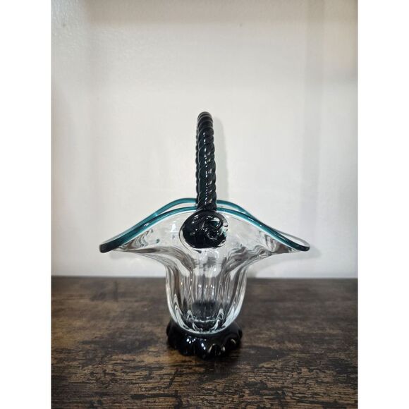 Vintage Clear & Turquoise Hand Blown Optic Glass Basket Applied Rope Handle - Picture 8 of 15